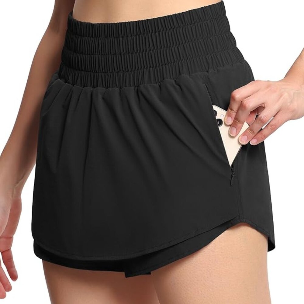 Women's Athletic Shorts Skort Elastic Waisted Ruffle Tennis Black Size XS